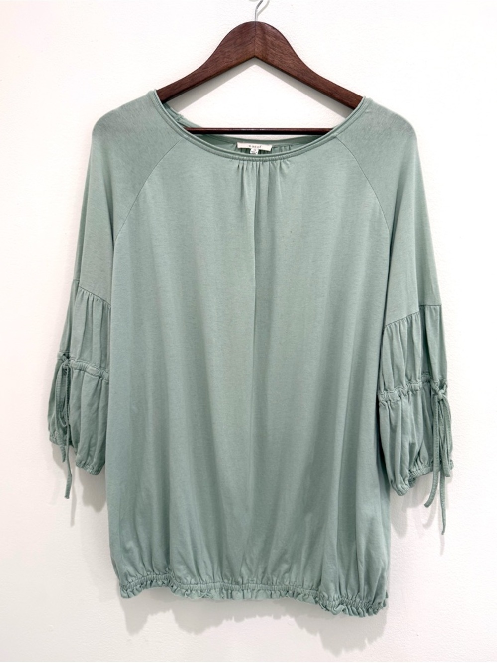 Easel Green 100% Cotton 3/4 Gathered Sleeve Ruched Hem Oversized Tunic Medium